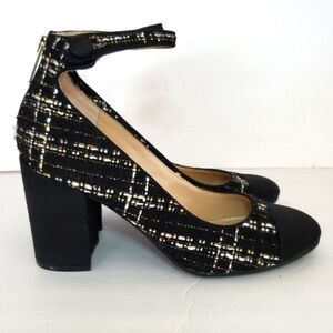 UNISA Mary Jane Preppy Tweed Retro Black Metallic Block Heel Heels